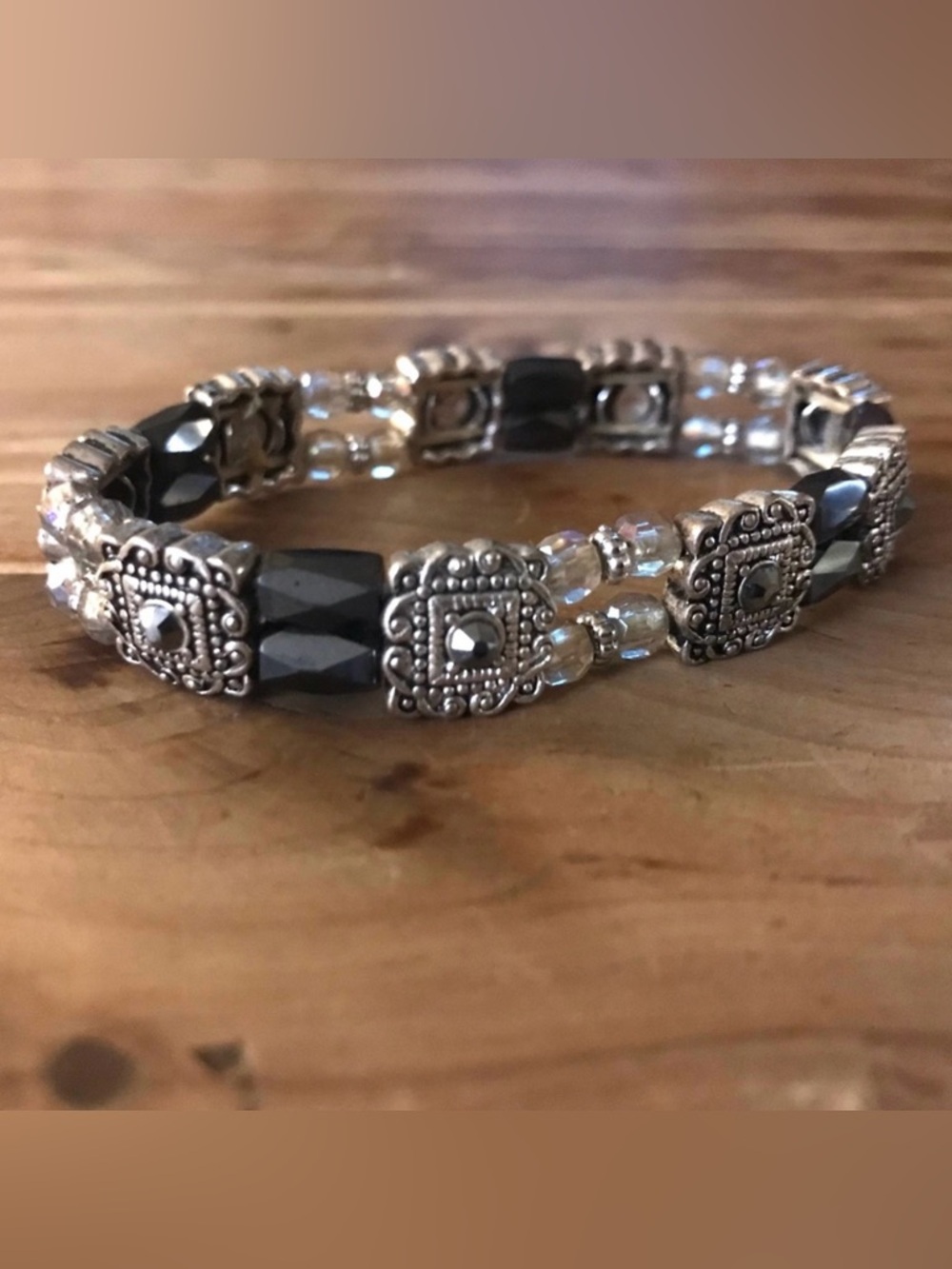 Marcasite Hematite Silver Embellished Square Tile Aurora Borealis Bead Bracelet